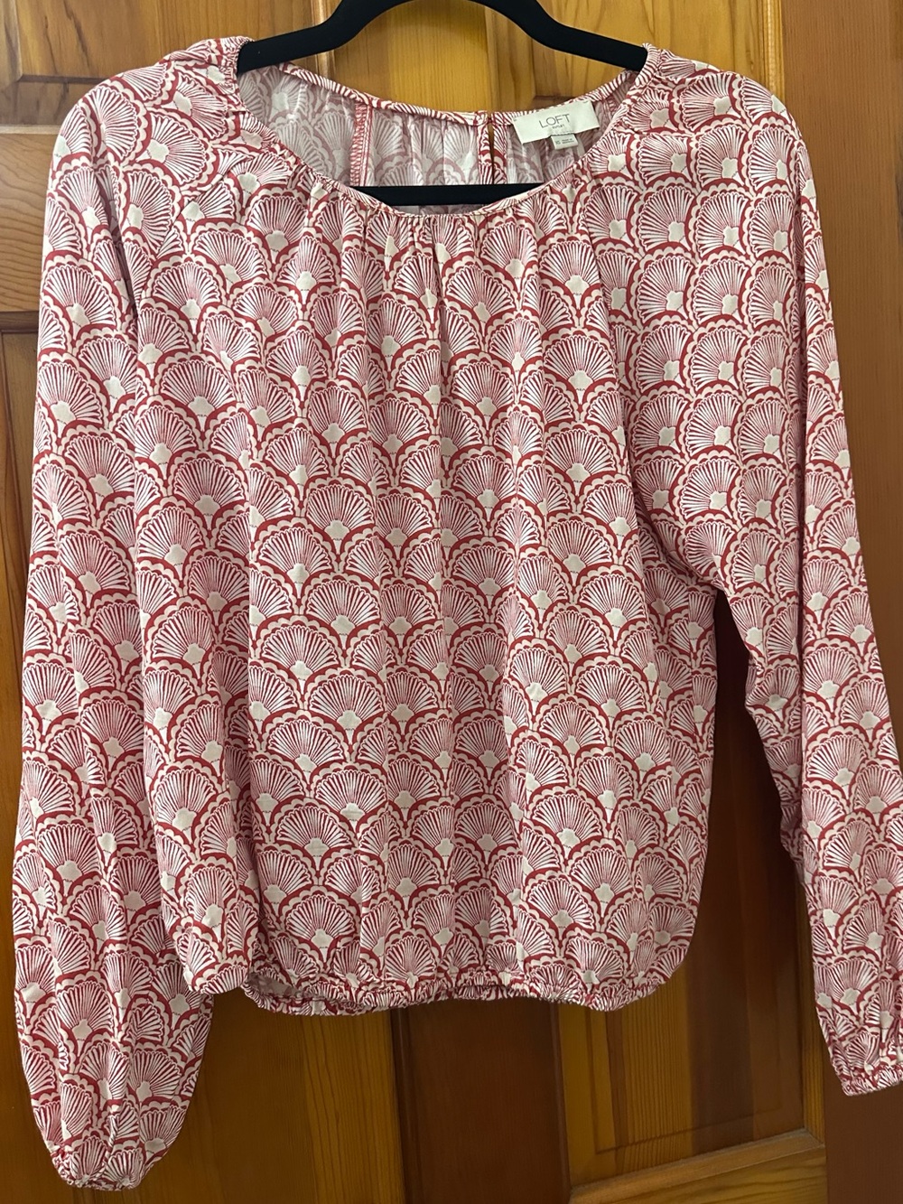 LOFT Red & White Scallop-Pattern Long Sleeve Top